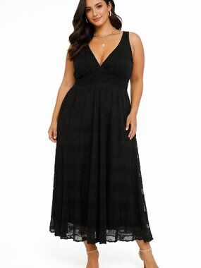 Max Studio Plunge Neck Fit & Flare Midi Dress NWT Size Large Black Lace MSRP $19